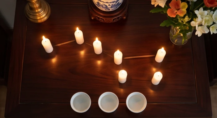 Sơ đồ bài trí 7 ngọn nến theo hình chòm sao Bắc Đẩu trên bàn thờ hướng Bắc để cúng giải hạn Thủy Diệu