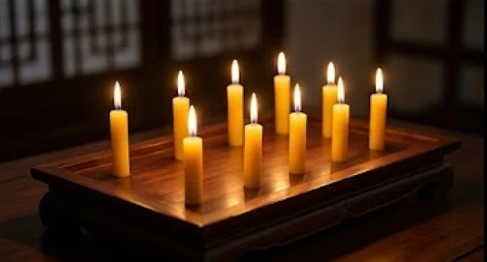Chín ngọn nến sáng rực được bố trí thành nhiều hàng ngang trên khay để hóa giải hung khí của sao La Hầu