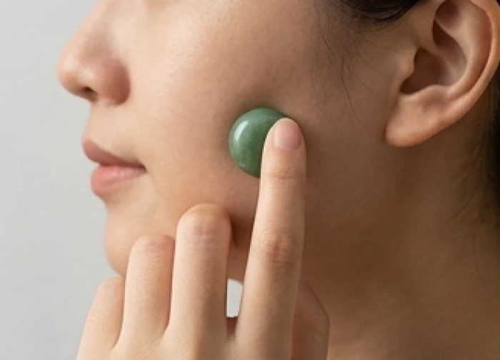 Thao tác áp viên đá ngọc bích tự nhiên vào vùng da gò má để kiểm tra độ mát lạnh sâu và nhanh