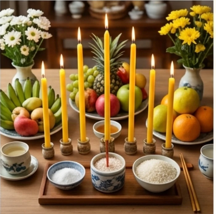 Mâm cúng giải hạn sao La Hầu với 9 ngọn nến vàng và lễ vật chay tịnh được bài trí thành tâm tại gia đình
