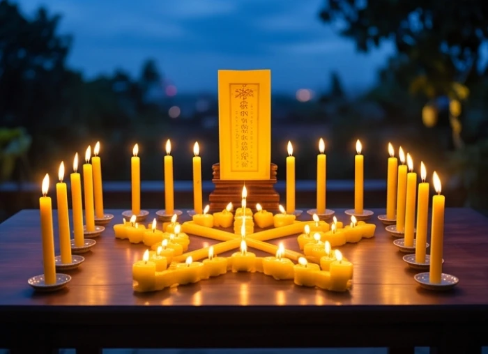 Mâm lễ cúng sao Kế Đô được bày biện trang nghiêm với bài vị màu vàng và những ngọn nến lung linh