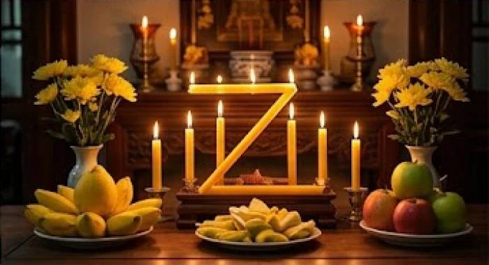 Bảy ngọn nến lung linh được xếp theo hình chòm sao Thái Âm trên bàn thờ có lễ vật màu vàng