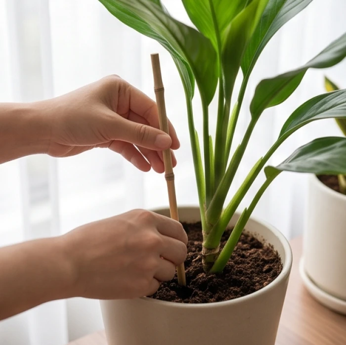 Quy trình kiểm tra độ ẩm đất chậu cây bằng que tre nhằm phát hiện và xử lý sớm tình trạng úng rễ