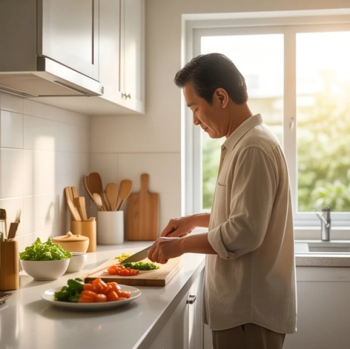 Người nội trợ đứng nấu ăn tại bếp với hướng lưng xoay về phương vị cát lợi theo quy chuẩn phong thủy