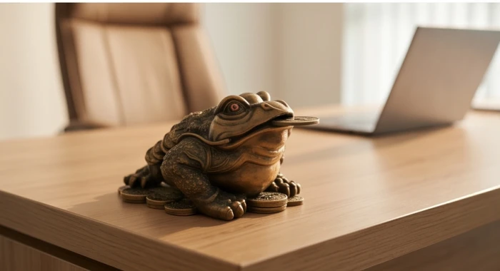 Tượng cóc thiềm thừ ngậm đồng xu phong thủy đặt xoay miệng hướng vào phía người ngồi trên bàn làm việc