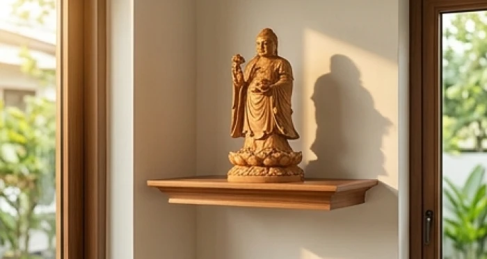 Tượng gỗ phong thủy tinh xảo bài trí trên kệ gỗ cao trang trọng trong phòng khách hướng ra phía cửa chính