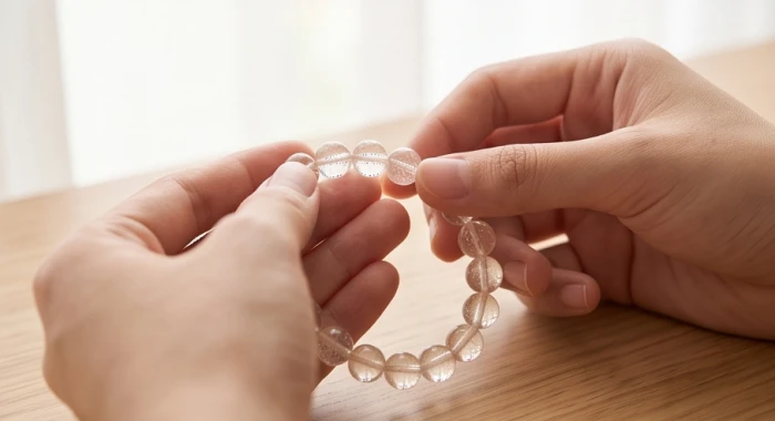 Thao tác đếm số lượng hạt đá tròn trên chiếc vòng tay phong thủy tuổi mão theo chu kỳ bốn bước sinh lão bệnh tử