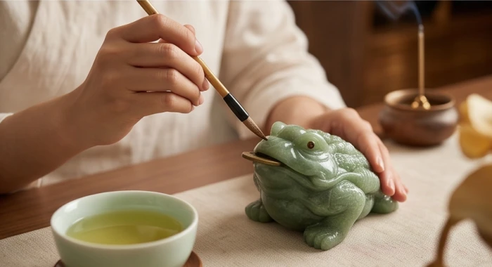 Gia chủ dùng cọ lông mềm nhúng nước trà xanh nhẹ nhàng chấm lên hai mắt để điểm nhãn cho tượng thiềm thừ