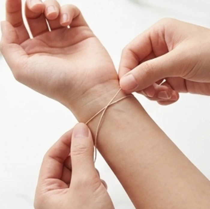 Đôi bàn tay đang quấn một sợi chỉ mỏng quanh cổ tay ngay dưới phần xương mắt cá để lấy số đo