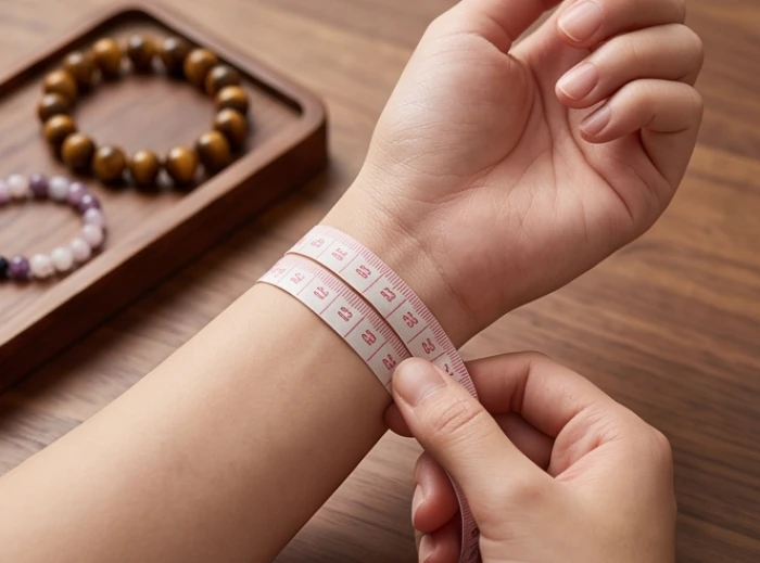 Thước dây mềm đo chu vi cổ tay để chọn đúng kích cỡ hạt mm cho vòng tay phong thủy tuổi Dần
