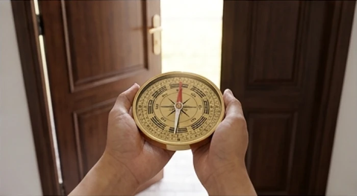 Người đàn ông đứng trước cửa chính giữ la bàn thăng bằng ngang hông để đo chính xác tọa độ sơn hướng ngôi nhà