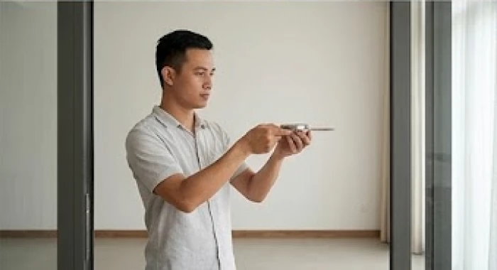 Người đàn ông đứng cách xa cửa sắt và thiết bị điện để giữ thăng bằng la bàn không bị nhiễu từ trường