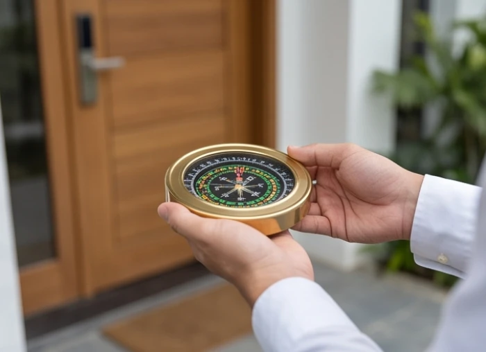 Người đàn ông cầm la bàn phong thủy trên tay đo chính xác phương vị trước sảnh chính của ngôi nhà hiện đại