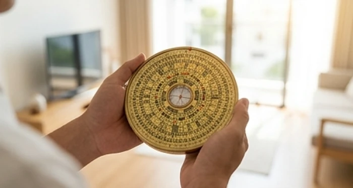 Người kiến trúc sư cầm la bàn Bát Trạch đứng tại tâm hình học của phòng khách cách mặt sàn một mét để đo hướng