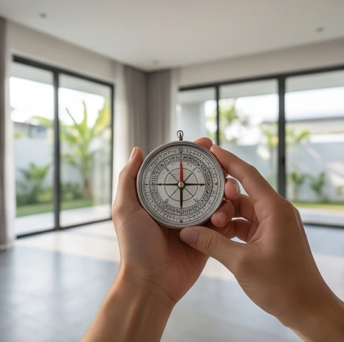 Người dùng đứng giữa phòng khách cầm la bàn phong thủy để đo đạc chính xác hướng cửa chính