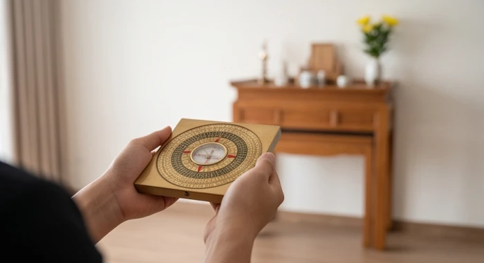 Người cầm la bàn ngang ngực đứng cách bức tường đặt bàn thờ để kiểm tra độ số và phương hướng chính xác