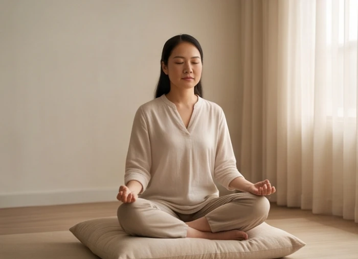 Người phụ nữ đang ngồi thiền định thư giãn nhắm mắt nhẹ nhàng để cân bằng lại cảm xúc bên trong