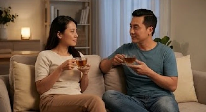 Người phụ nữ tuổi Tuất trò chuyện ôn hòa với người bạn đời trong phòng khách thể hiện tính cách nữ tuổi tuất thấu hiểu