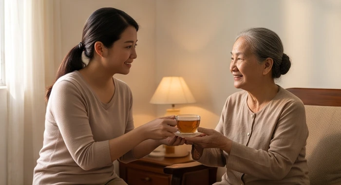 Con cháu mang một tách trà ấm đến mời người lớn tuổi, tạo ra không gian giao tiếp tự nhiên và vô cùng gần gũi