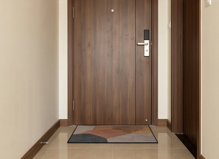 Thảm trải chùi chân màu đỏ và gương bát quái lồi hóa giải hướng nhà xấu