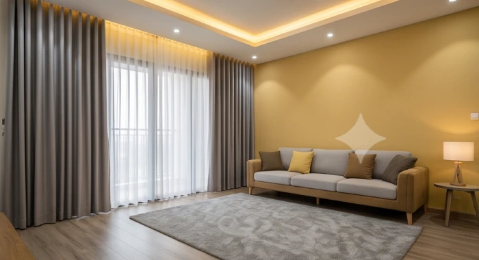 Phòng khách bổ sung rèm cửa và thảm trải sàn màu xám ghi trung gian hóa giải bức tường màu vàng tương khắc