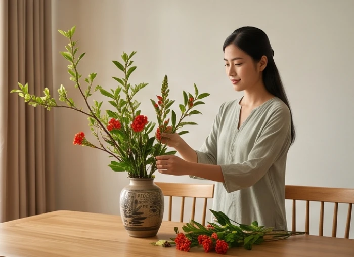 Người phụ nữ nhẹ nhàng cắm hoa tươi vào bình gốm giúp thư giãn tinh thần và cân bằng cảm xúc