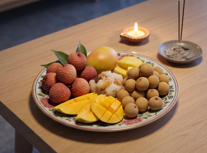 Đĩa hoa quả và oản lộc thanh tịnh sau khi hoàn tất nghi thức tạ lễ dâng sao giải hạn cho tuổi 2005