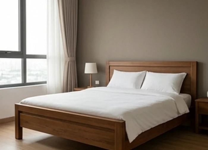 Đầu giường ngủ đặt tựa sát tường vững chắc trong phòng ngủ thanh bình