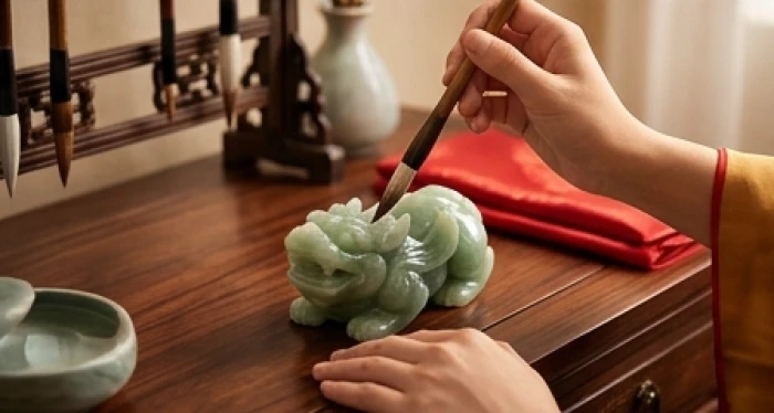 Nghi thức dùng cọ sạch thấm nước âm dương điểm nhãn tỳ hưu phong thủy tuổi sửu trên bàn gỗ trang trọng