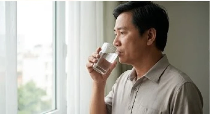 Người lớn tuổi sinh năm 1964 từ tốn uống từng ngụm nước ấm để điều hòa nhịp tim và lấy lại sự bình tĩnh khi căng thẳng