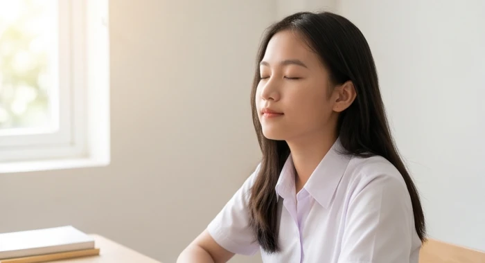 Học sinh nhắm mắt hít thở sâu tại bàn học để làm dịu cơn bốc hỏa và cân bằng tâm trí
