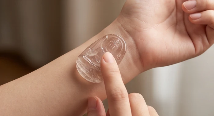 Bàn tay áp mặt dây chuyền đá thạch anh vào mặt trong cổ tay để kiểm tra độ lạnh sâu tự nhiên của đá