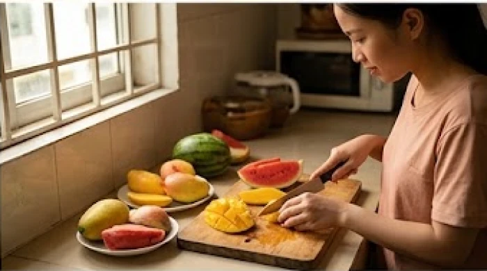 Cô con gái cẩn thận gọt một đĩa trái cây tươi để mang lên mời mẹ sau một cuộc tranh cãi nhỏ trong gia đình
