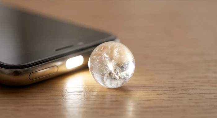 Chiếu đèn flash ánh sáng xuyên qua hạt vòng tay phong thủy tuổi mão làm rõ vân rạn và gợn mây tự nhiên bên trong đá