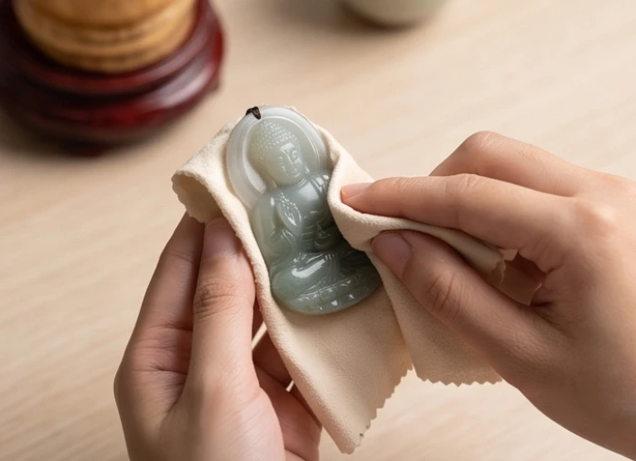 Dùng khăn bông mềm nhúng dung dịch nước tinh khiết pha rượu trắng để lau sạch mặt phật