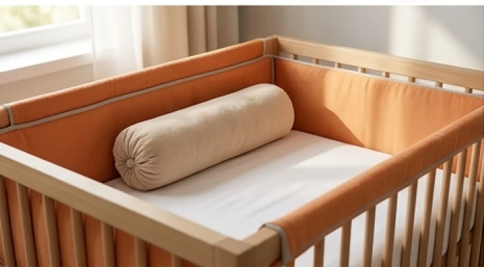 Chiếc nôi em bé có viền trang trí màu cam được đặt thêm chiếc gối ôm màu be và lót chăn trắng xám hài hòa