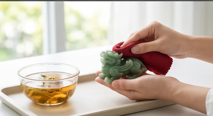 Dùng khăn vải đỏ sạch nhẹ nhàng lau bề mặt tượng Tỳ Hưu đá để sái tịnh và thanh lọc năng lượng