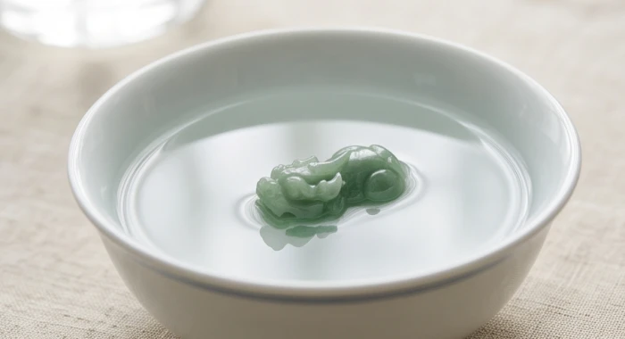 Tượng tỳ hưu phong thủy ngâm trong chén nước muối biển loãng để thanh lọc uế khí