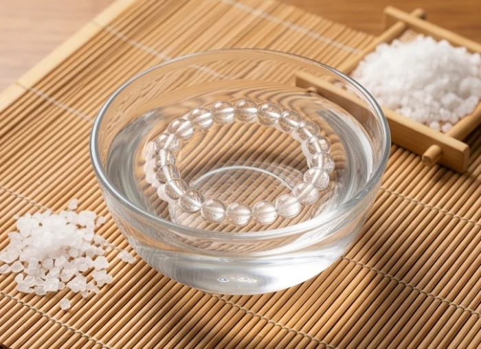 Quy trình ngâm thanh tẩy vòng tay đá thạch anh tự nhiên trong bát nước muối biển loãng