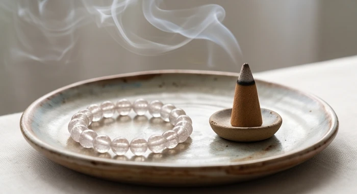 Vòng tay đá phong thủy đặt trên đĩa gốm sạch được xông khói nụ trầm hương tự nhiên để thanh tẩy