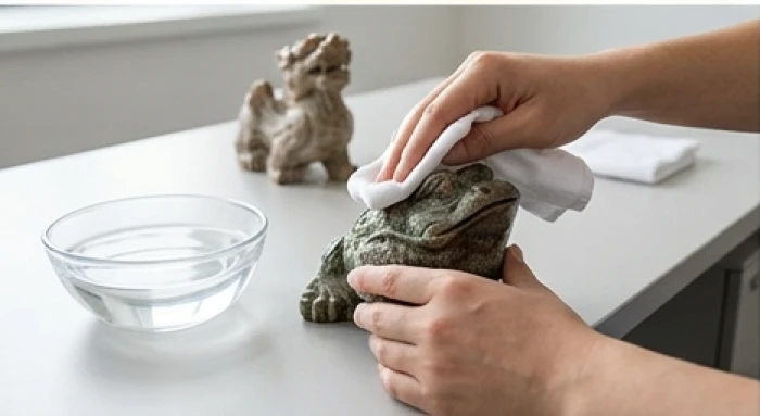 Đôi bàn tay dùng khăn vải mới và dung dịch nước trong để lau chùi bề mặt tượng phong thủy trên bàn