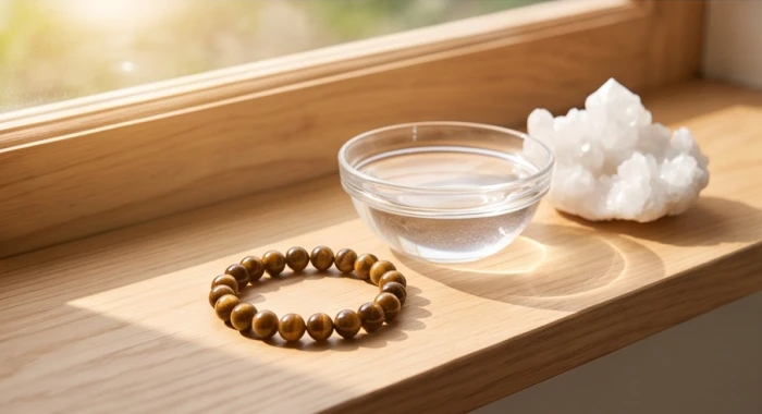 Đặt chuỗi vòng tay phong thủy tuổi mão cạnh bát nước muối biển và cụm thạch anh trắng dưới ánh nắng sáng dịu