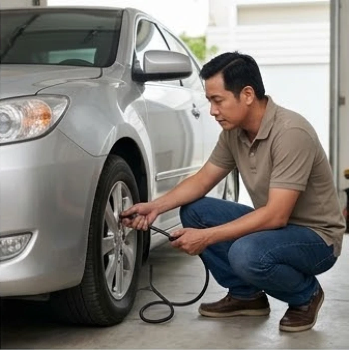 Một người đàn ông đang cẩn thận kiểm tra xe cho người thân thể hiện sự quan tâm thực tế