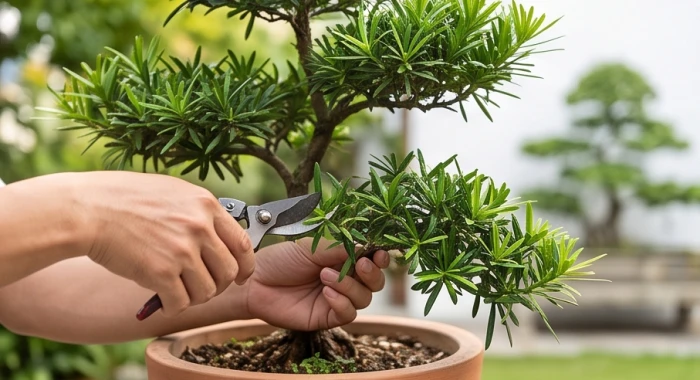 Người thợ dùng kéo bén tỉa bớt các cành mọc hướng xuống của chậu cây tùng la hán ngoài sân