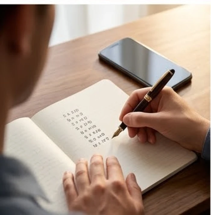 Đôi tay dùng bút mực tự tính công thức 81 linh số trên giấy bên cạnh chiếc điện thoại