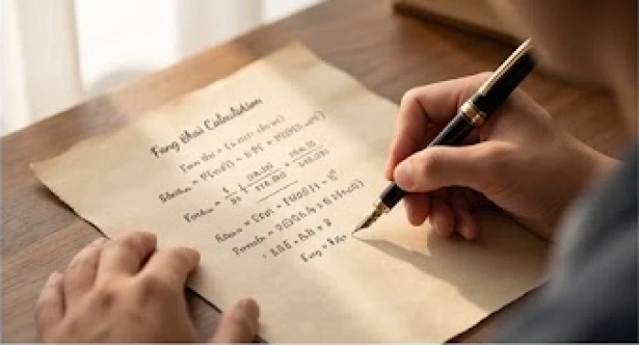Bàn tay đang ghi chép công thức tính cung phi bát trạch trên giấy để tìm con số may mắn cá nhân