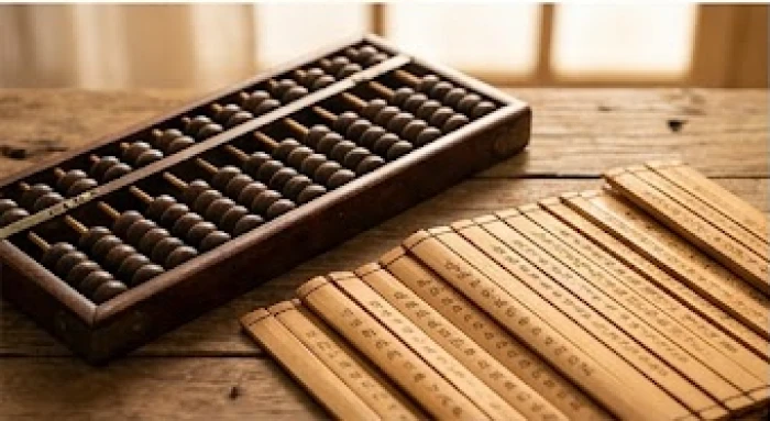 Bàn tính gỗ cổ xưa cùng những thẻ tre ghi chép thông tin phong thủy thiên can
