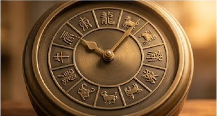 Chiếc đồng hồ cổ bằng đồng được khắc mười hai mốc thời gian tương ứng với tên của các linh vật