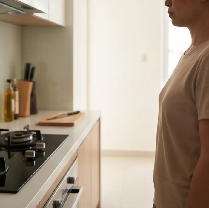Người đứng nấu ăn với tư thế thẳng lưng đối diện bàn bếp để xác định chính xác trục phương vị Bát Trạch