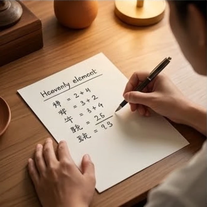 Bàn tay đang ghi chú các phép tính can chi đơn giản lên giấy để xác định bản mệnh ngũ hành cho năm sinh